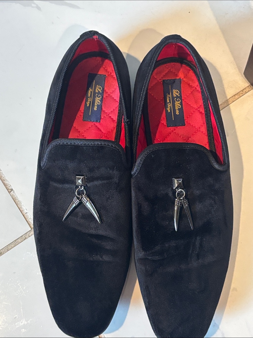 La Milano Black Velvet Slip-On Loafers with Red Quilted Lining